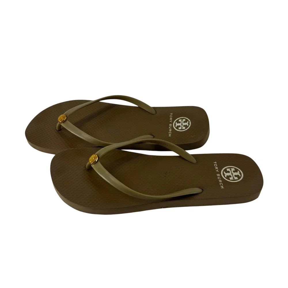 Tory Burch Women Brown Olive Rubber Flip Flop Sandals Gold Logo Medallion Flat